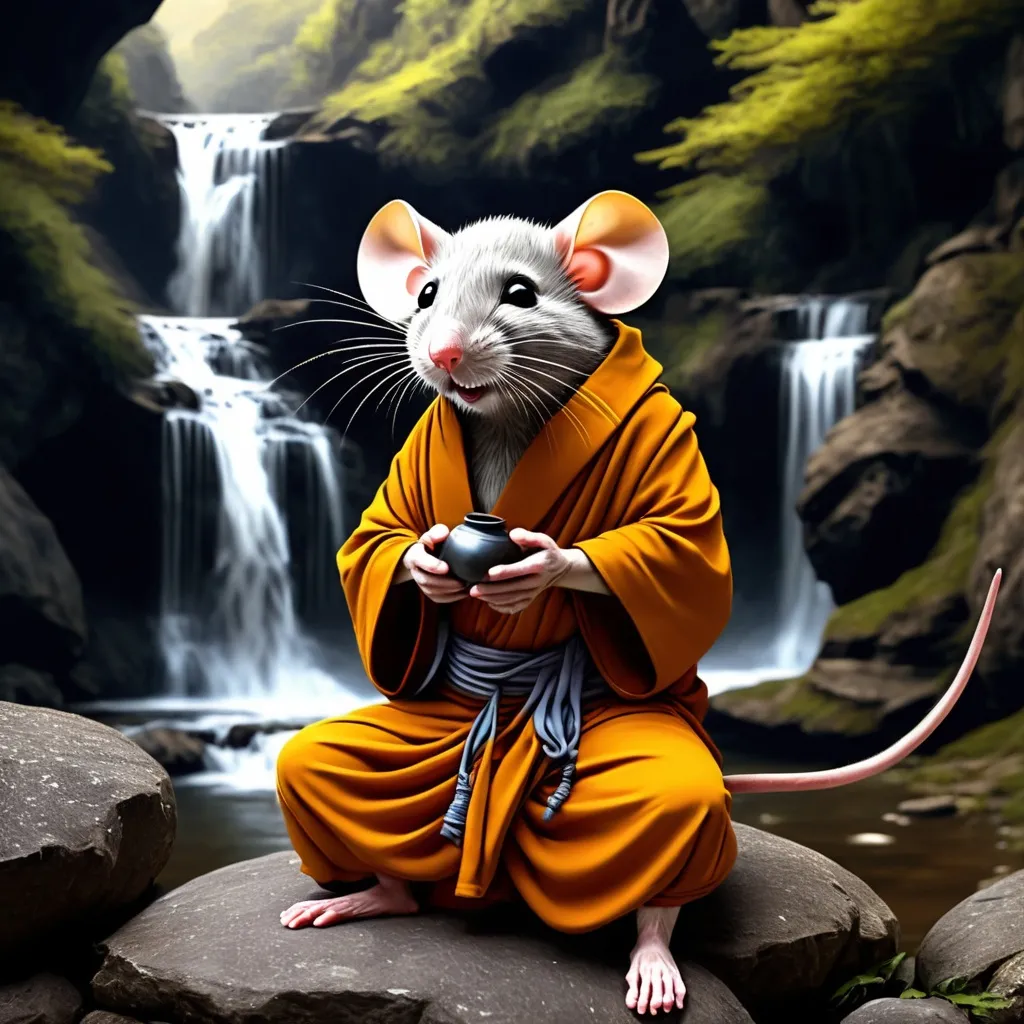Prompt: Old mouse in a monks clothes meditation. On large mountain. With waterfalls and running stream set in moonshine 
