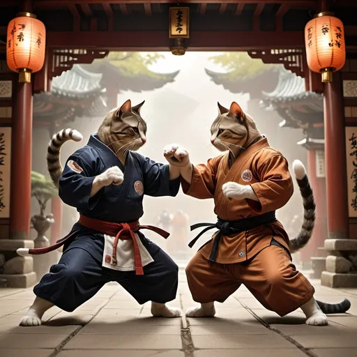 Prompt: Two muscular. Cats fighting each other. Dressed. In oriental Japanese. Martial. Arts gear set in old temple doing martial art moves in lamp lit light