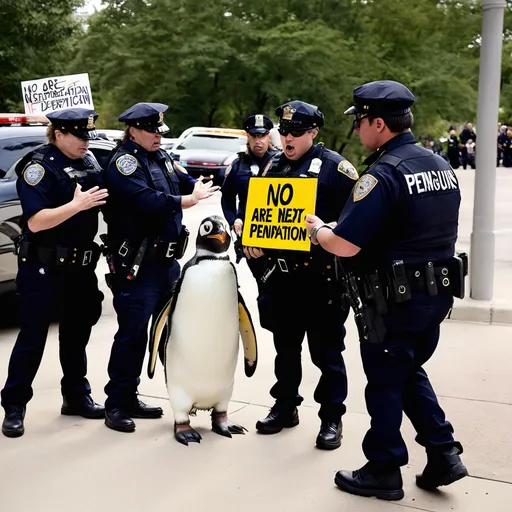 Prompt: American. Ice officers arresting 12 protesting penguins carrying signs saying no to Deportation rules and we are next