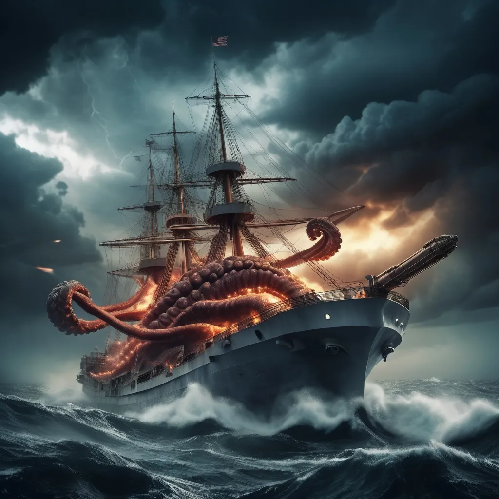 Prompt: A giant kraken attacking. A modern battleship in a epic way rough seas storm clouds kraken seems to be winning. Fires on board warship men scrambled. To leave ship dull night light shimmering