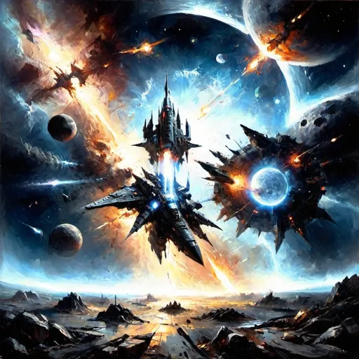 Prompt: colossal cosmic battle, futuristic space warships clashing in epic combat, partially destroyed moon with exposed metal beams and foundations, ethereal low moonlight casting dramatic shadows, swirling galaxies in the background, sparks and debris flying, sci-fi atmosphere, high detail, dynamic composition, ultra-detailed, cinematic quality.