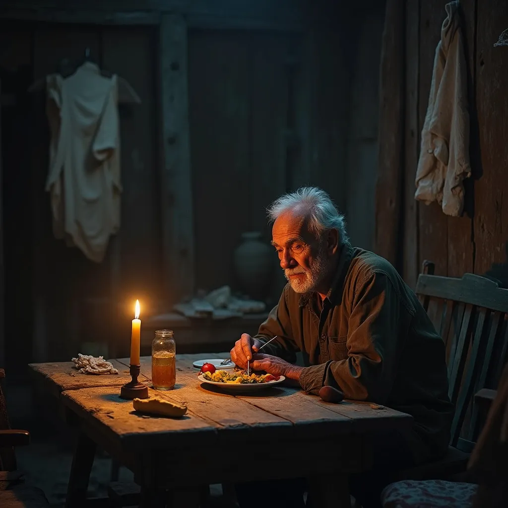 Prompt: Lonely old man eating at his table in a damaged. Shack under candle light pondering of his youth and life
