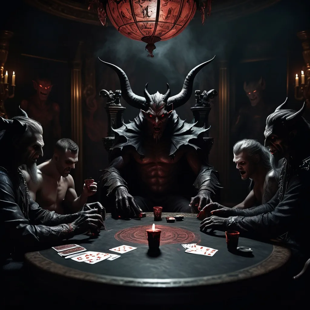 Prompt: A group of demons at a round stone table, dark and ominous atmosphere, drinking alchemic potions, intense expressions, playing cards, surrounded by shadowy details, larger-than-life devil on a grand throne, sipping lost souls, eerie dim light casting unsettling shadows, mystical energy in the air, ultra-detailed, cinematic quality.