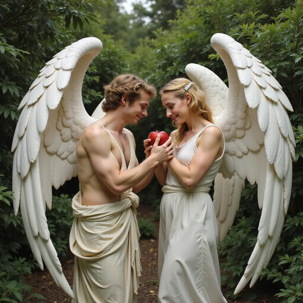 Prompt: A adult male and female god like  angles  with large white wings sharing. A delicious. Red apple in the garden of Eden