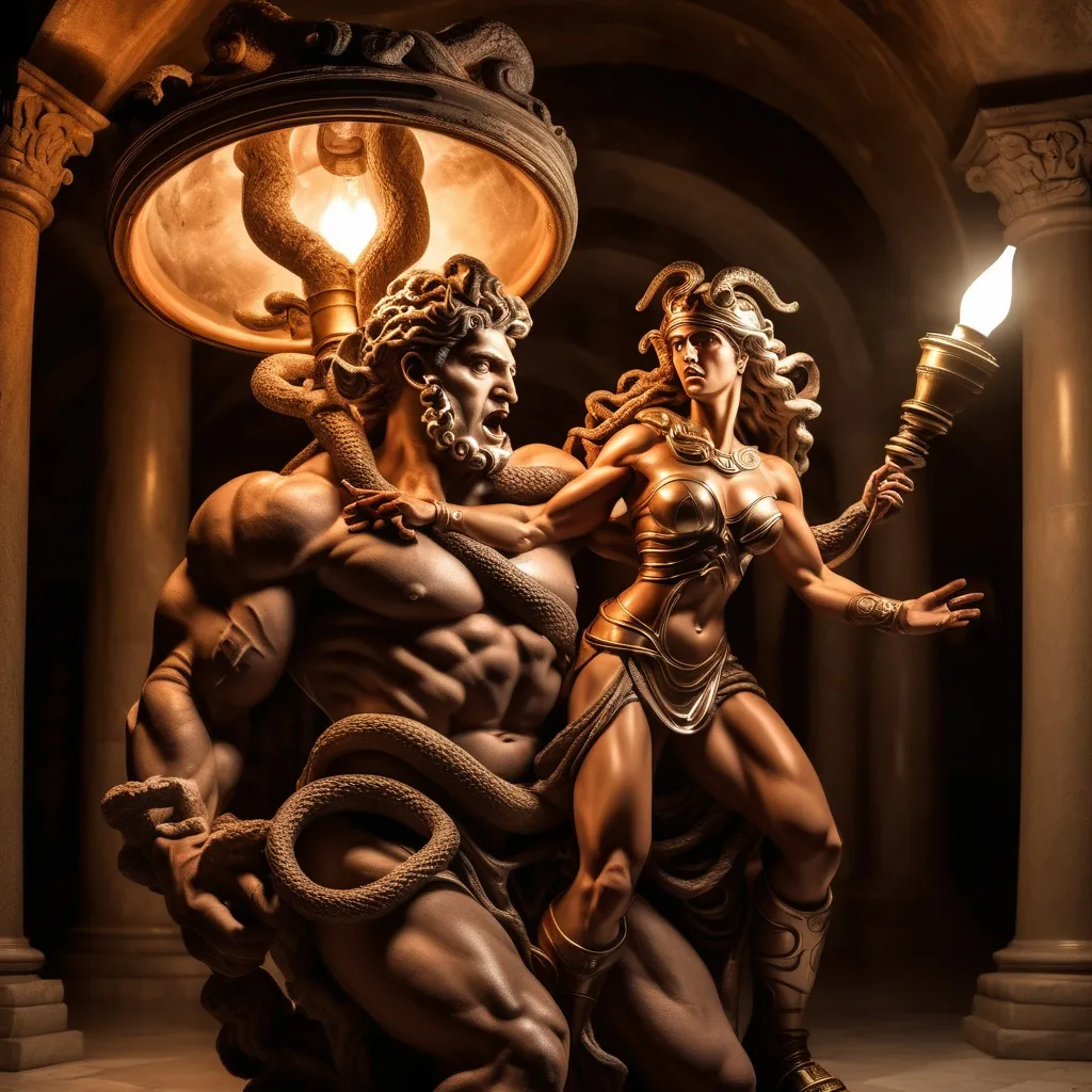 Prompt: Medusa epic and savage battle with giant muscle rippled Athena set in underground monastery lamp light  