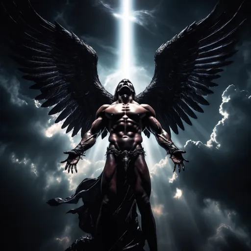 Prompt: Epic angle of death, powerful figure with angelic black shiny wings, muscular arms extended upward towards the sky, surrounded by an ethereal, devilish dark cosmic glow, intense dramatic lighting, high contrast between light and shadow, moody ambiance, ultra-detailed, high definition – a captivating blend of the celestial and the infernal.