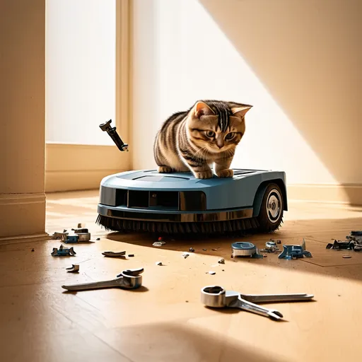 Prompt: A curious cat, perched atop a sleek robotic floor sweeper, meticulously dismantles it with tiny spanners, surrounded by scattered bits and pieces. Soft rays of morning light filter through a sunlit room, casting gentle shadows on the cluttered floor. The scene captures a playful yet investigative mood, with the cat's focused expression and the gleaming metal parts hinting at a curious exploration. The environment feels warm and cozy, with a hint of scientific curiosity, rendered in cinematic lighting and photorealistic detail to emphasize the intricate mechanics and the cat's dexterous paws.