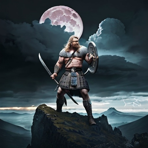 Prompt: a powerful. Looking Viking  wielding a large battle axe standing atop a mountain. With muscled. Body emphasized and storm clouds swirling around him bathed in moon light and  a large angry eagle  ghosty behind clouds



