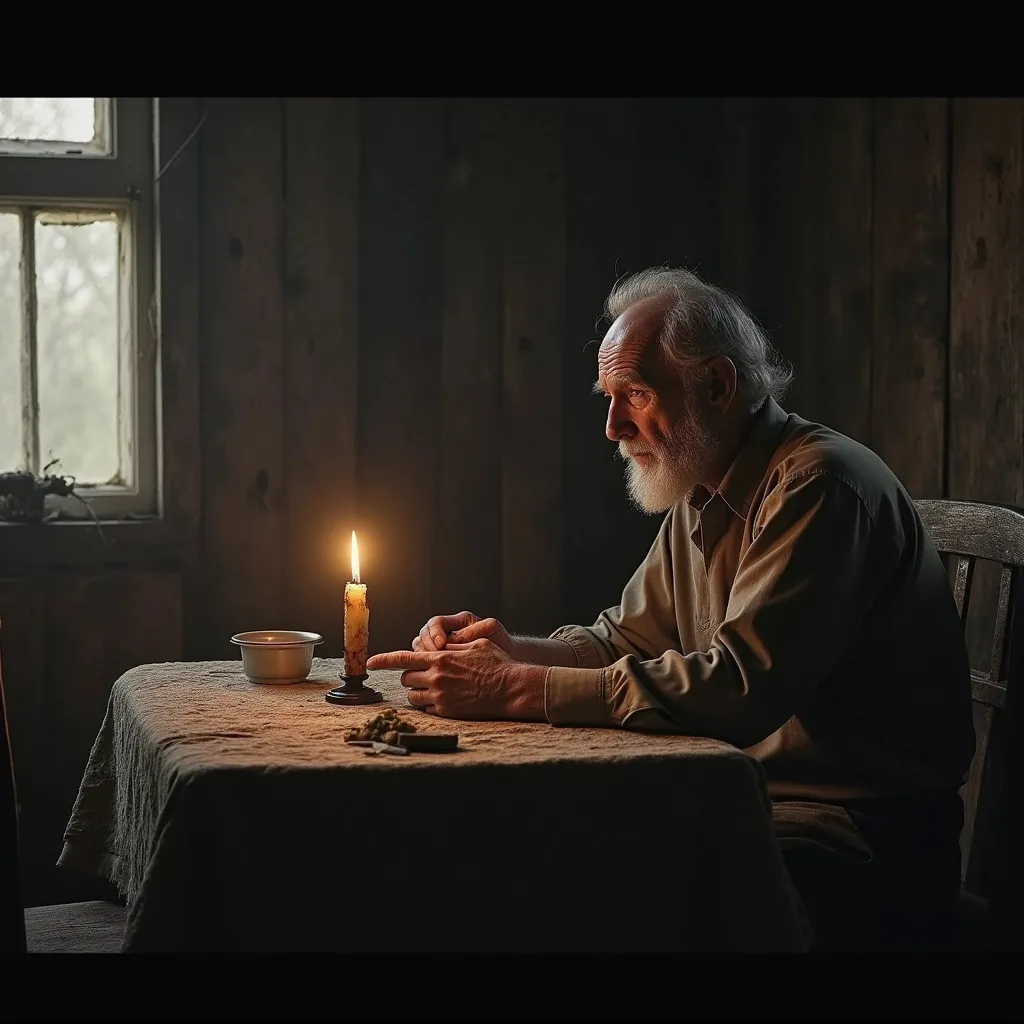 Prompt: Lonely old man eating at his table in a damaged. Shack under candle light pondering of his youth and life
