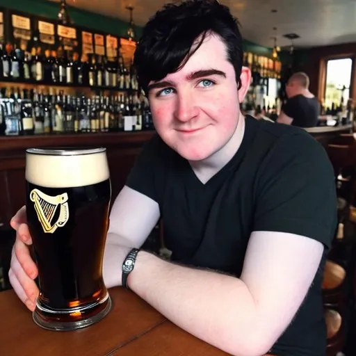 Prompt: short pudgy irish boy with black short hair, a pint of Guinness and pale skin. Looks like Nick eh 30.