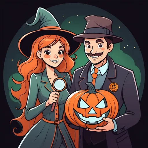 Prompt: A pretty smiling woman dressed as a good witch. A nice smiling man dressed as a detective with a magnifying glass examining a jack o lantern. whimsical, thin line art, flat color illustration, high quality