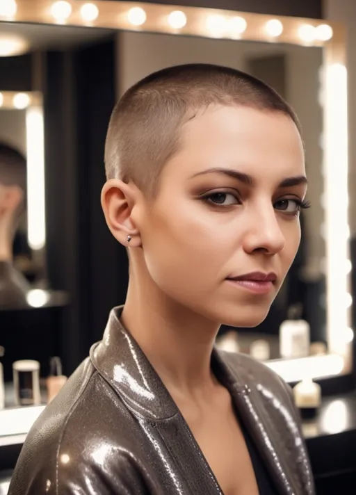 Prompt: A woman with an elegant, polished buzz cut (Subject) in a high-end salon (Place), in front of a large mirror illuminated with elegant lights (Environment), with a focus on her face occupying most of the image (Composition), in neutral tones with subtle black (Color) during an afternoon (Time)."