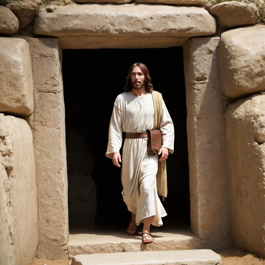 Prompt: Jesus of Nazareth walks out of tomb.