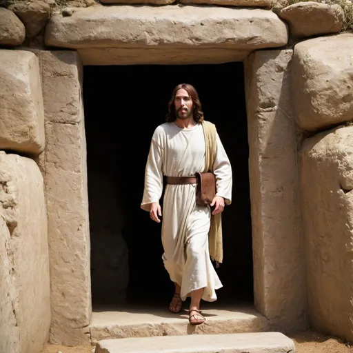 Prompt: Jesus of Nazareth walks out of tomb.