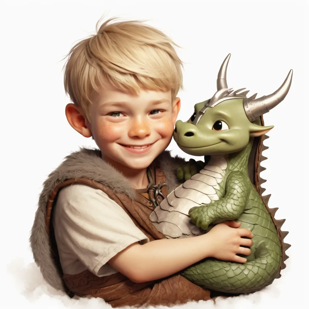 Prompt: Smiling little Viking boy snuggling with a little dragon 