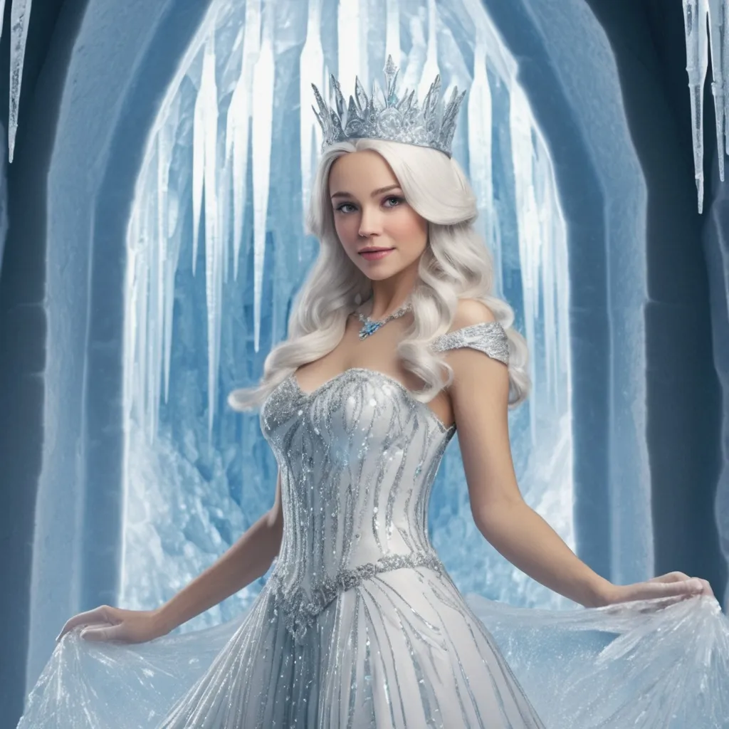 Prompt: Snow princess with ice crystal crown, silvery hair, frosty white dress standing in an ice castle.