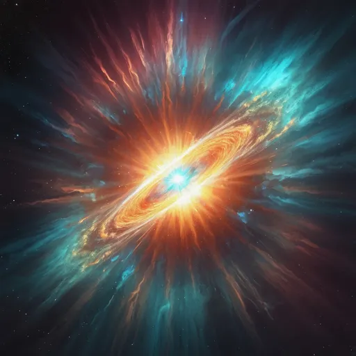 Prompt: Supernova illustration, cosmic explosion, vibrant colors, energy burst, high quality, space art, digital painting, intense light rays, swirling gases, detailed nebula, deep contrast, cosmic phenomenon, radiant glow, spectacular event, astronomical art, vibrant tones, dynamic composition, celestial beauty