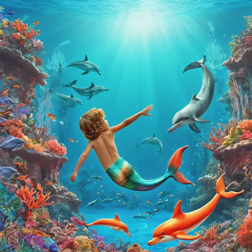 Prompt: Colorful, detailed digital illustration of a little boy with a mermaid tail swimming with dolphins near a vibrant coral reef, high quality, underwater fantasy, colorful, detailed mermaid tail, playful dolphins, vibrant coral reef, clear underwater scene, professional digital art, bright and vivid colors, tropical underwater scene, fantasy, colorful lighting