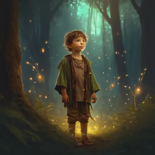Prompt: Little boy forest druid, digital painting, enchanted forest, glowing fireflies, mystical atmosphere, high quality, detailed, fantasy, nature-inspired, earthy tones, ethereal lighting