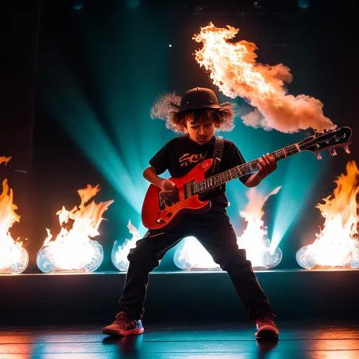 Prompt: Little boy shredding on stage with huge flames