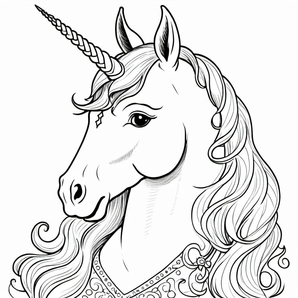 Prompt: line drawing only of a princess unicorn suitable for coloring by a child