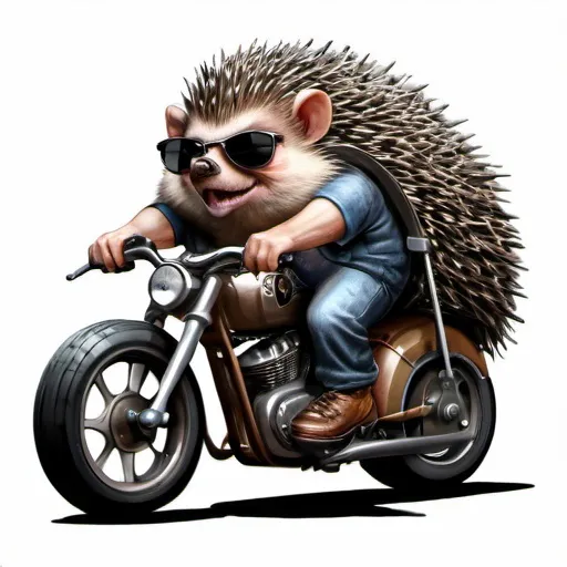 Prompt: Fantasy illustration of an angry hedgehog with sunglasses, riding a vintage motorbike with a beer barrel, fantasy style, detailed quills, intense gaze, cool tones, antique lighting, high quality, fantasy, detailed bike, hedgehog with sunglasses, angry expression, vintage motorbike, beer barrel, fantasy art, detailed fur, intense eyes, professional, atmospheric lighting, cool fantasy concept