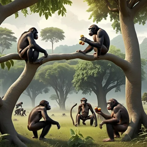 Prompt: Primitive humans, apes, live in groups. two  of apes  is climbing a tree to pick fruits, other 5 to 6 apes below are eating fruits.in desolate meadow, more nature feel