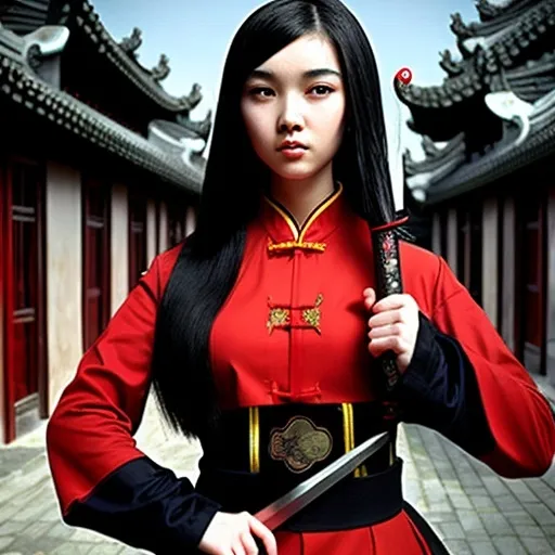 Prompt: A beautiful girl with black hair in a black red uniform and a sword. The background is a Chinese village in medieval time