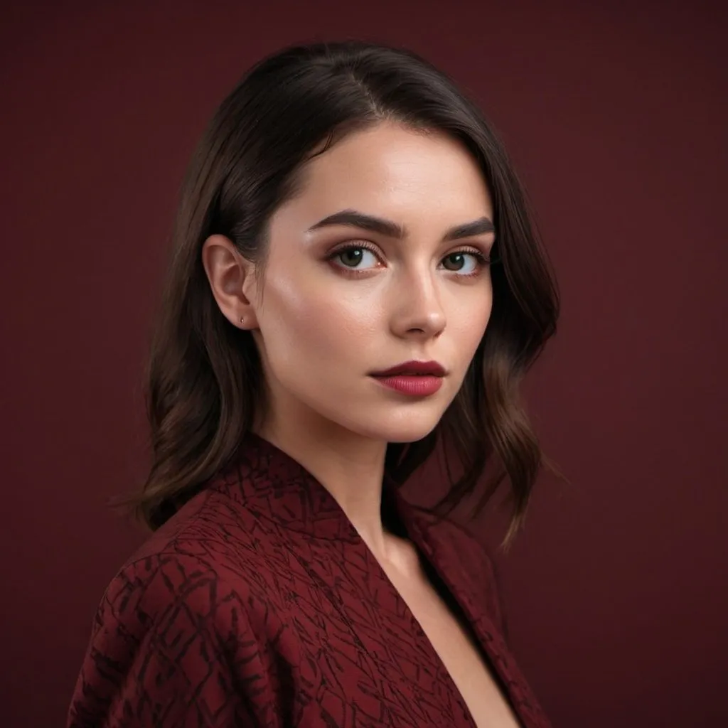 Prompt: A profesional photoshoot close shot of an elegant model looking a little to her side. Wearing elegant modern minimal style. Dark red  background pattern