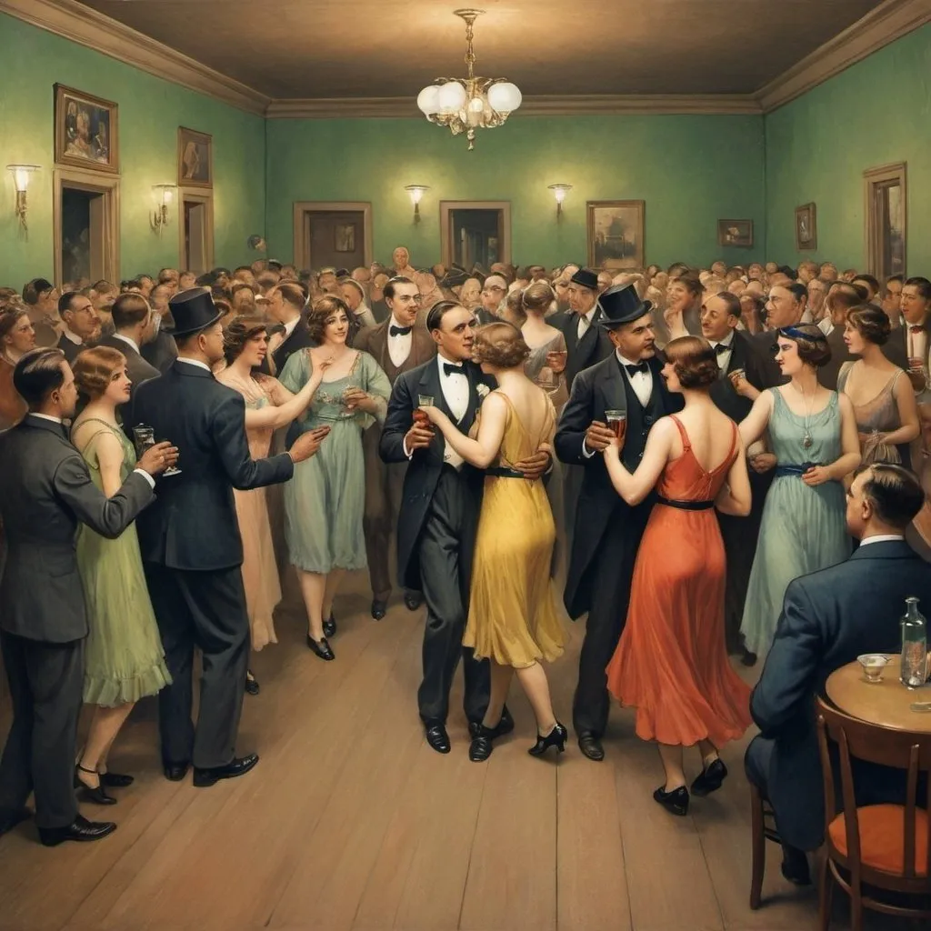 Prompt: Fröhliche Menschen, Partys, Tanz der 1920er Jahre in einem raum. Wohlhabender leute. Mit viel farben und guter stimmung


