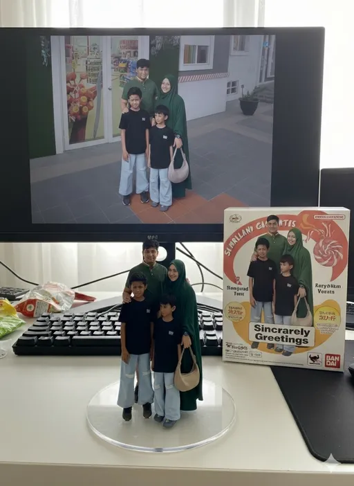 Prompt: This photograph depicts a desktop setup featuring a computer monitor displaying a family photograph, a figurine, and a boxed collectible. The computer monitor, centrally placed, shows a digital image of a family of four standing in front of a store with a window displaying fruit. The family consists of two adults and two children, all dressed in traditional clothing; the adults wear green hijabs and long-sleeve tops, while the children wear black shirts and light blue pants. The background of the digital image includes a white building with a red and white striped awning.

In front of the monitor, there is a black computer keyboard and a black mouse on a white desk. To the right of the monitor, a figurine of the same family is displayed on a circular clear plastic base. The figurine mirrors the family's attire and pose from the digital image. To the right of the figurine, a boxed collectible is placed, featuring the same family photograph and the text "Sincerely Greetings" in bold letters on a white background with an orange circular design.

The background of the photograph includes a white curtain, and the desk also holds a small assortment of office supplies, including a packet of tissues and a green plastic container. The overall scene is well-lit with natural light.