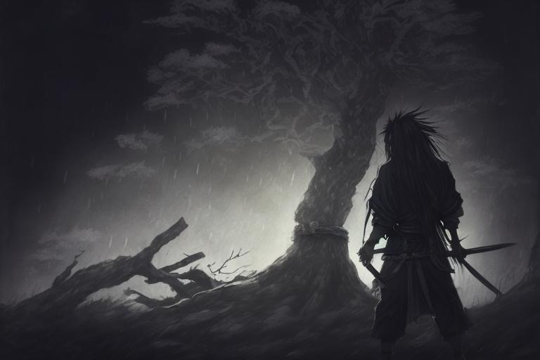 Prompt: vagabond manga musashi miyamoto sad, paint, realistic, young, long hair, standing with a sword in hand standing next to a tree centered on a black background , 4 elements + obsidian + baroque + full body + 8K + detailed, intricate illustration + glow , 4, crying, edgy, rain