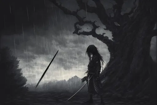 Prompt: vagabond manga musashi miyamoto sad, paint, realistic, young, long hair, standing with a sword in hand standing next to a tree centered on a black background , 4 elements + obsidian + baroque + full body + 8K + detailed, intricate illustration + glow , 4, crying, edgy, rain