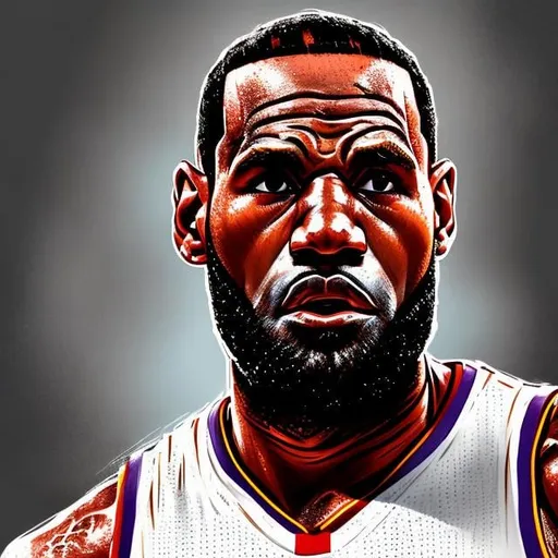 Prompt: High-quality, realistic digital portrait of LeBron James, detailed facial features, basketball jersey and shorts, dynamic pose, intense expression, professional rendering, realistic lighting, vibrant colors, cinematic style