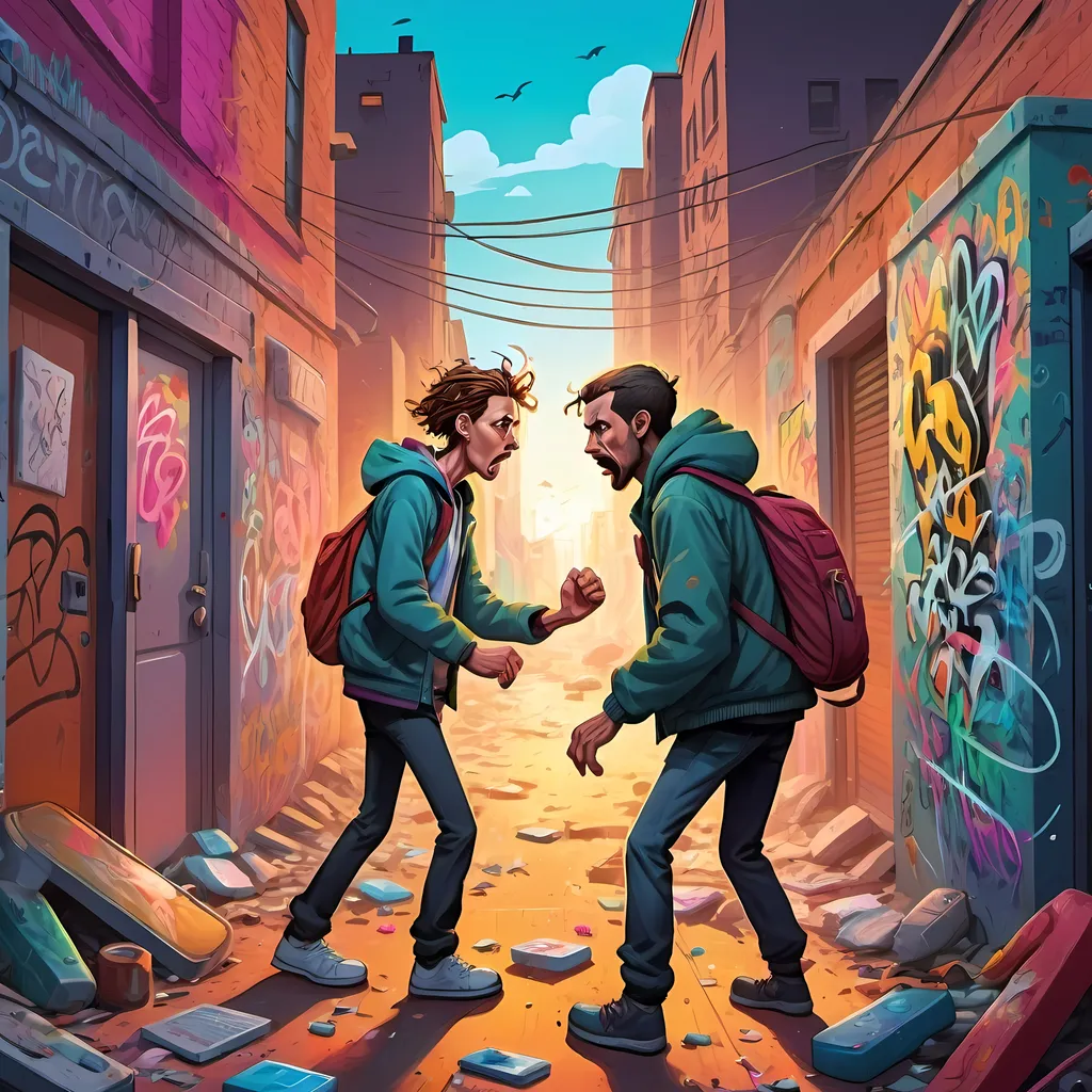 Prompt: (Cartoon illustration), (vivid colors), (detailed scenes), drug addicts in despair, swirling chaos, loss of control, emotional turmoil, impacting loved ones, poignant environment reflecting struggle, colorful graffiti-style background, expressive characters demonstrating desperation, dynamic poses, high energy contrast, compelling visual storytelling, (4K ultra-detailed).