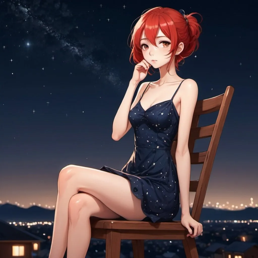 Prompt: Girl siting in a chair. Skinny girl party dress. Wooden chair. Sky. Stars. Night. Red hair. Beautiful face. Age 23. Anime style.