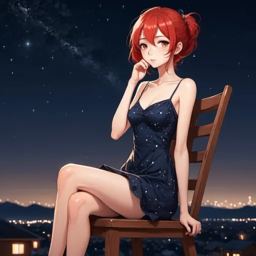 Prompt: Girl siting in a chair. Skinny girl party dress. Wooden chair. Sky. Stars. Night. Red hair. Beautiful face. Age 23. Anime style.