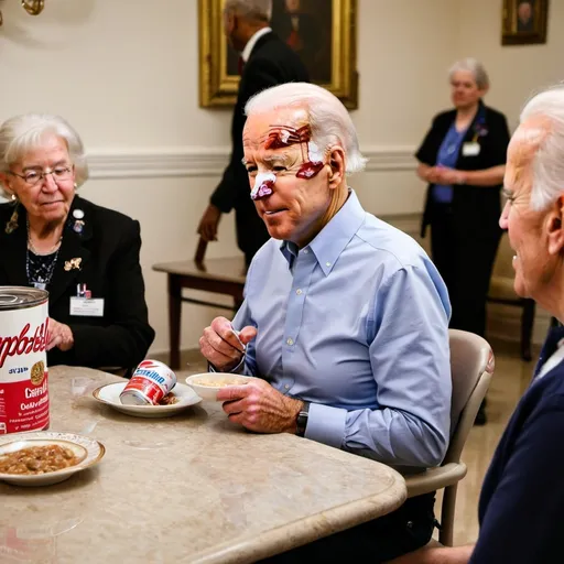 Prompt: Joe biden in a nursing home eating Campbell soup