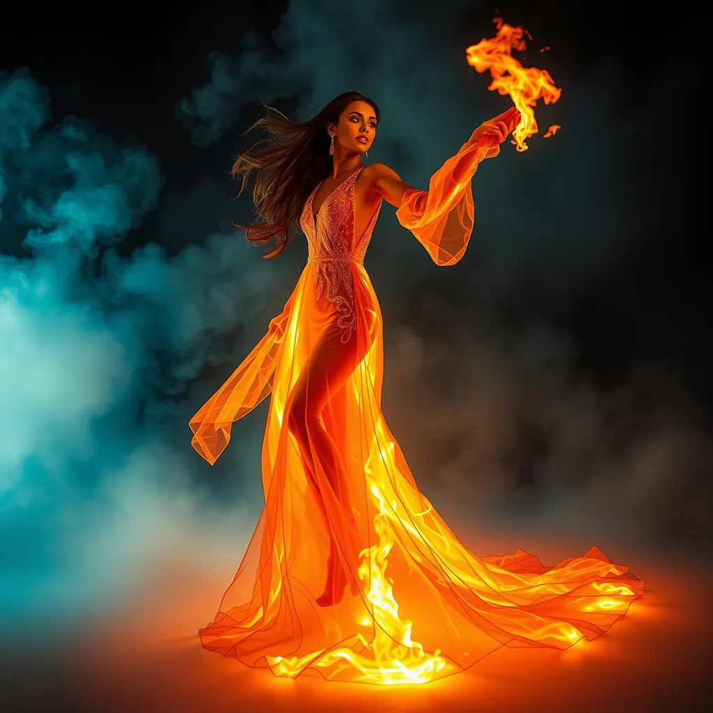 Prompt: Elegant woman wearing a long gown made of fire, dress flowing, infused into a background of smoke, dynamic pose, fluid shapes, cinematic, dramatic, surreal, aspirational