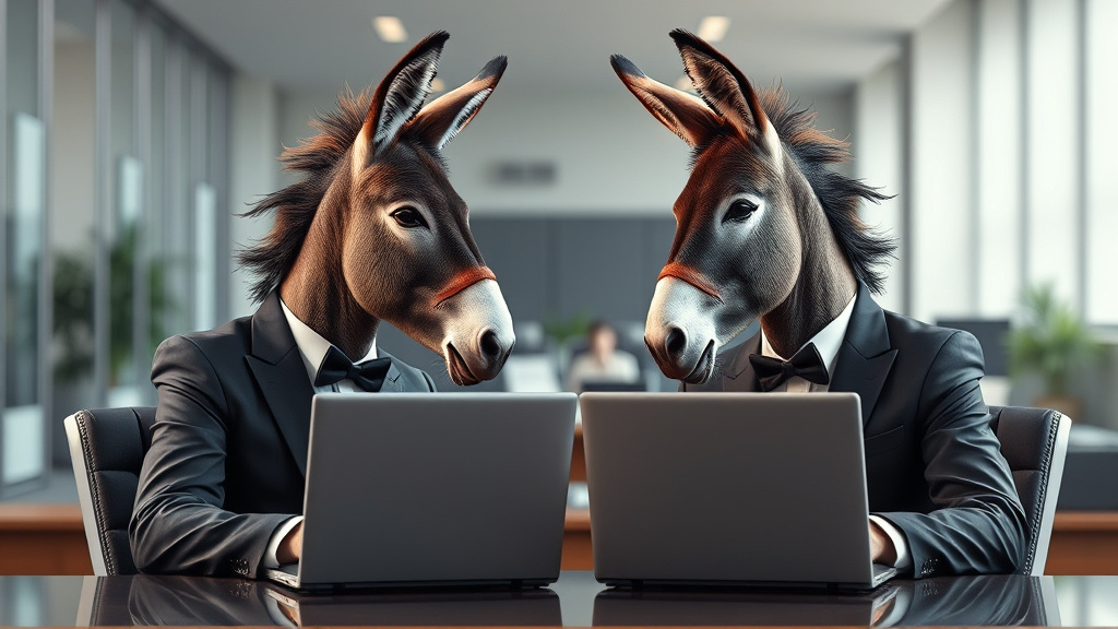 Prompt: Two anthropomorphic donkeys facing each other, wearing tuxedo, donkey heads, human bodies, (2 laptops), digital art, high quality, intricate detail, office setting, full body shot