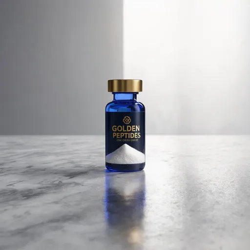 Prompt: Design a website for 'Golden Peptides' featuring a 3ml peptide vial on a marble background. The vial should be highlighted with focused lighting against a backdrop of white polished carrera marble . The vial should be in the spotlight, with white powder inside, only enough to fill 25% of its volume. For the vial's label, use gold text on a dark blue background.  The image should merge realistic textures with a touch of abstraction, moderate brightness, vivid colors, and a balanced contrast, creating a visually appealing and luxurious atmosphere. The ground is a smooth, reflective wooden surface with a glossy finish - giving it a sleek and clean appearance. This light colored wood surface reflects the light and the objects placed on it, adding a sense of depth and sophistication to the scene. High-end feel, Hyperrealistic., ultrarealistic, photorealistic, backlit, 3d render --ar 16:9 --c 10  HD quality, vivid look. High quality, behance, dribbble, toptal, award-winning design, studio, cinematic lighting, masterpiece.