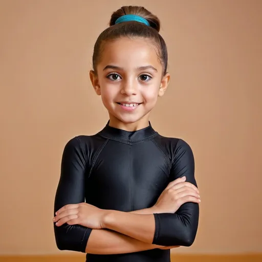 Prompt: lively young girl of 8 years old, hair tied in a poorly combed ponytail. Moroccan facial features. with a black gymnastics outfit. eyes stretched a little.