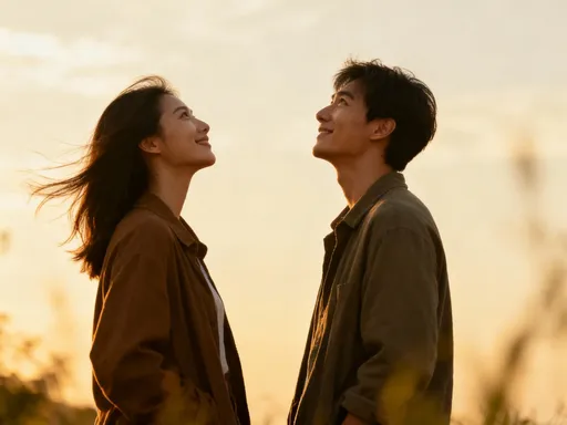 Prompt: Two people say things first in each other looking at a sky