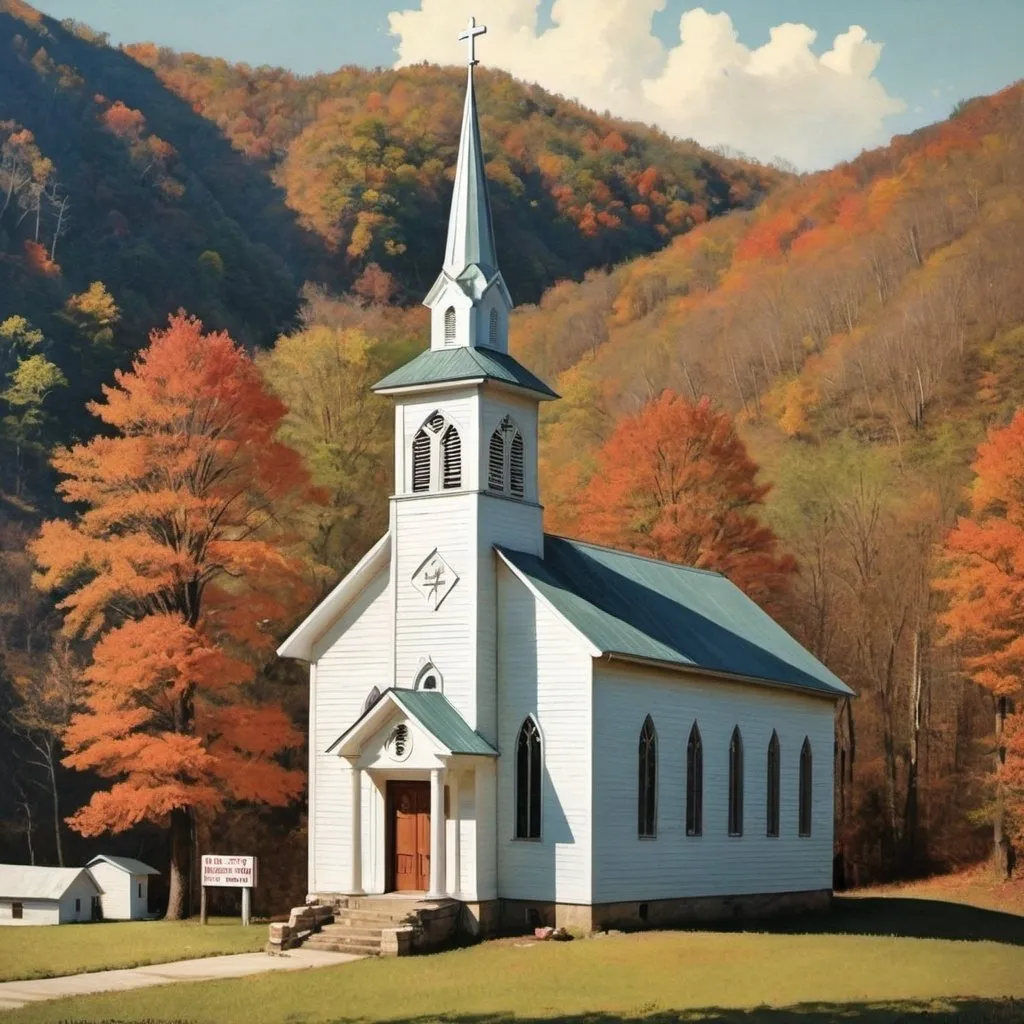 Prompt: vintage ad poster for a small church located in the mountains of Kentucky 