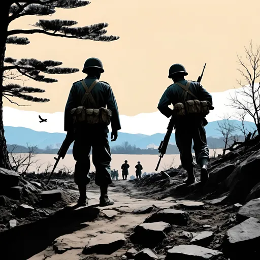 Prompt: Korean war perspective silhouette with color

