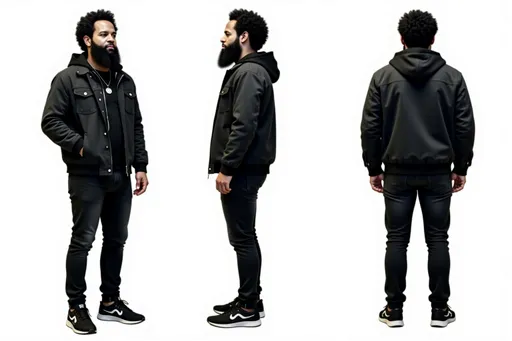 Prompt: A full-body character sheet of photorealistic adult male f179b474 with curly hair, full beard, black jacket, black pants, black and white sneakers, necklace displayed in three clear views on a clean white background, arranged in a three-column grid pattern with equal spacing and importance. Left panel: front view showing complete anatomical details and outfit. Center panel: perfect 90-degree side view (profile) clearly showing the character's side silhouette, facial profile, and outfit from a direct lateral perspective. Right panel: back view revealing posterior details Each view maintains consistent scale, lighting, and full-body presentation from head to toe. All three perspectives must be equally detailed and given equal prominence in the composition.