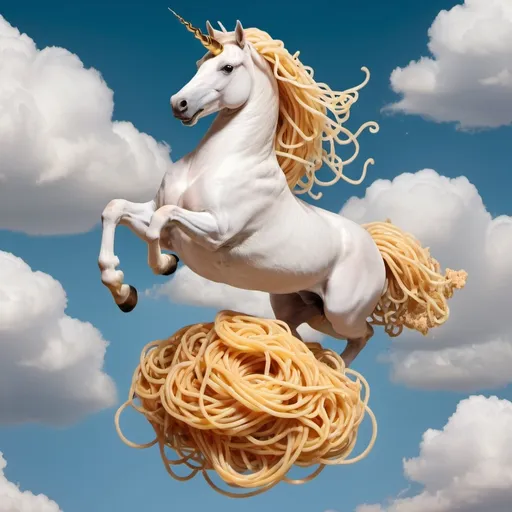 Prompt: Unicorn flying between clouds filled with spaghetti 