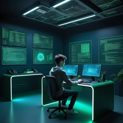 Prompt: Student immersed in coding, typing Python script, virtual table setup, futuristic classroom with crystal walls, high-tech desk resembling a gaming computer, sleek and modern design, digital interface, holographic code display, ambient lighting, tech-savvy atmosphere, digital art, detailed and realistic, blue and green color scheme, soft ambient lighting, Artstation. to be very realistic