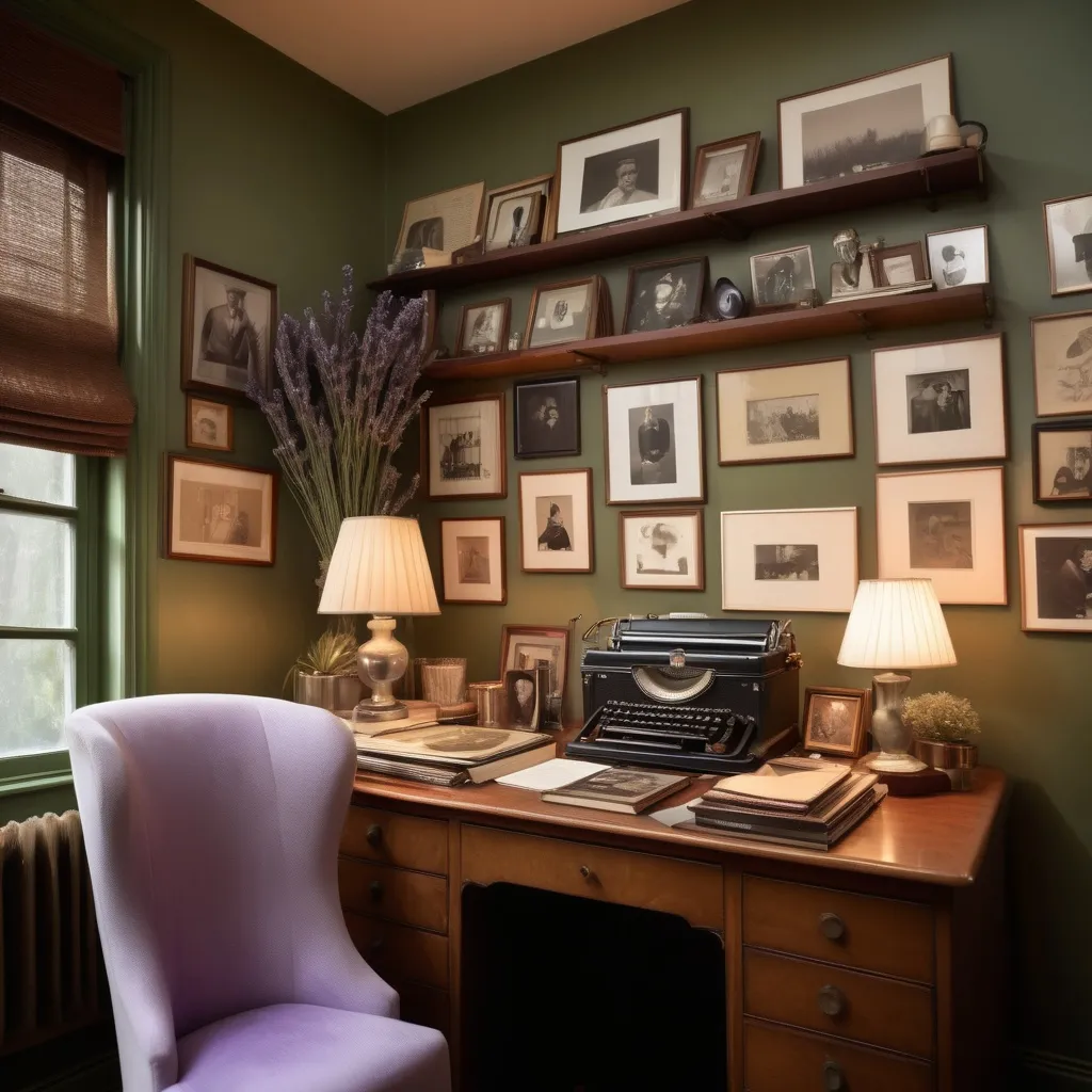 Prompt: The room, with its faded green walls adorned with sepia photographs and shelves of vintage records, held a cozy warmth, inviting quiet reflection amidst the gentle glow of a desk lamp and the lingering scent of lavender.