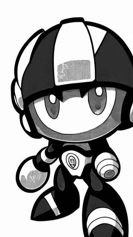 Prompt: Create a manga style black and white image of a big head mega man style character on a tile background 